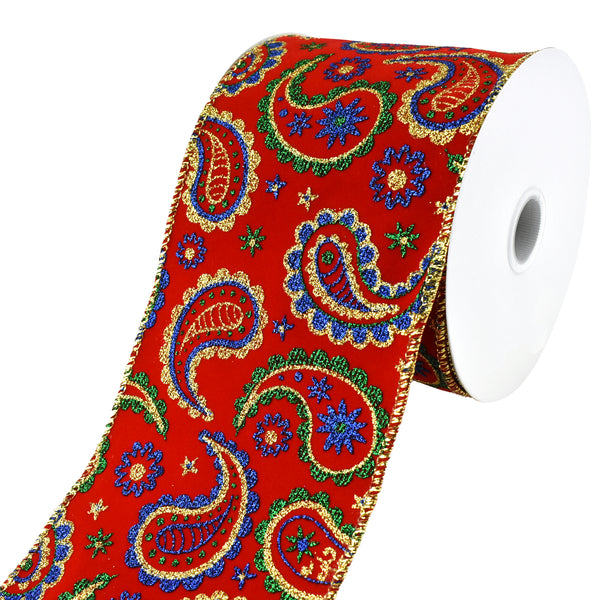 Paisley Velvet Christmas Jeweltones Wired Ribbon, 4-Inch, 10-Yard