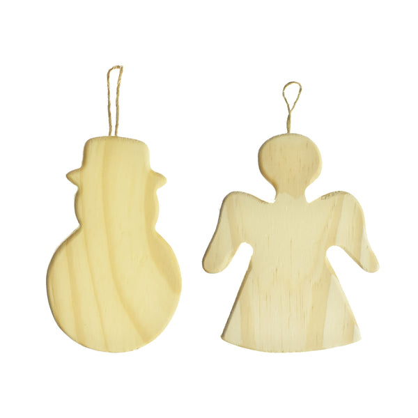 Unfinished Wood Snowman and Angel Ornaments, Assorted Sizes, 2-Piece