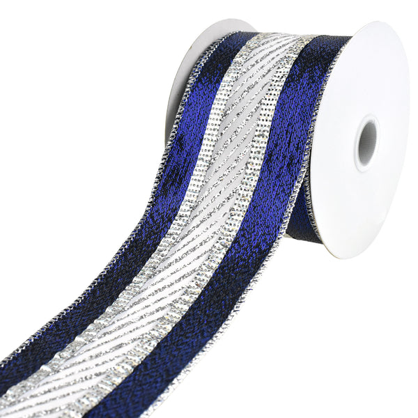 Glittered Stripes and Metallic Edge Wired Ribbon, 2-1/2-Inch, 10-Yard - Navy/Silver