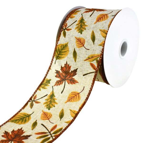 Autumn Falling Leaves Faux Linen Wired Ribbon, 2-1/2-Inch, 10-Yard
