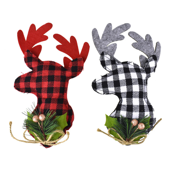 Buffalo Plaid Deer Head Fabric Ornaments, 8-1/2-Inch, 2-Piece