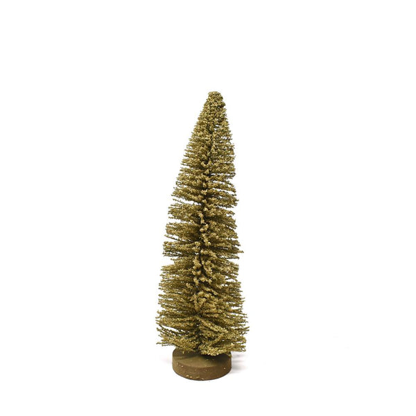 Shimmering Bottle Brush Christmas Tree on Wood Base Decoration, Gold, 9-Inch