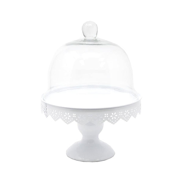 Metal Cake Stand with Glass Dome Top, White, 11-Inch