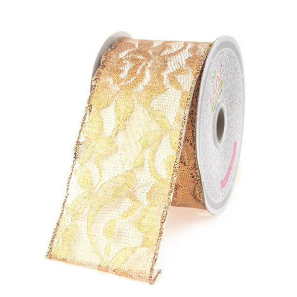 Metallic Floral Lace Trim Ribbon, 2-1/2, 10-yard, Gold