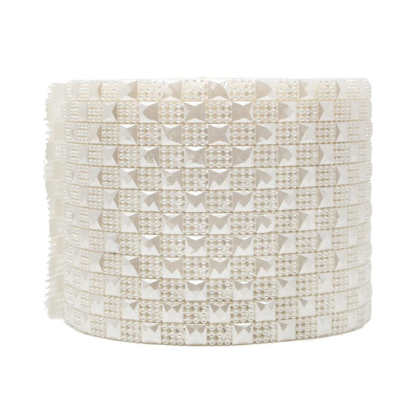 Pyramid Studs Checkered Rhinestone Diamond Mesh Wrap, Ivory, 4-inch, 10-yard