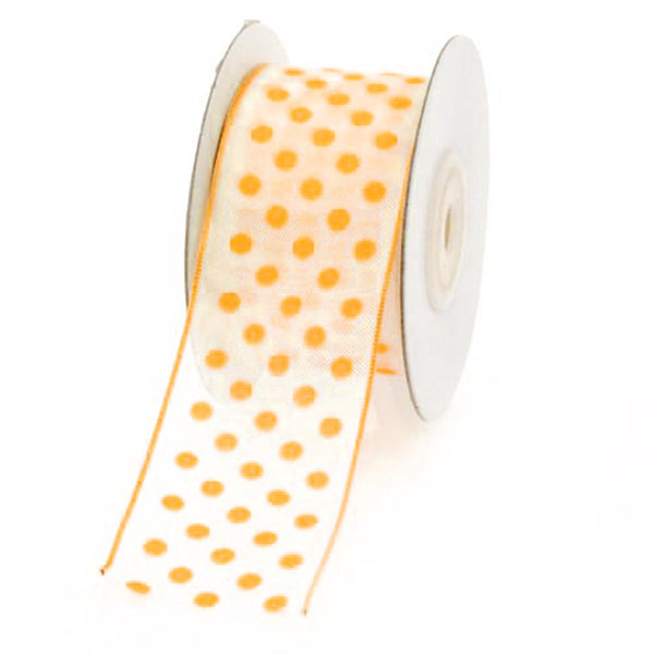 Polka Dot Organza Ribbon Wired Edge, Orange, 1-1/2-Inch, 10 Yards