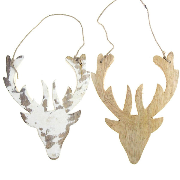 Hanging Distressed Reindeer Head Wooden Christmas Ornament, Natural, 5-1/2-Inch