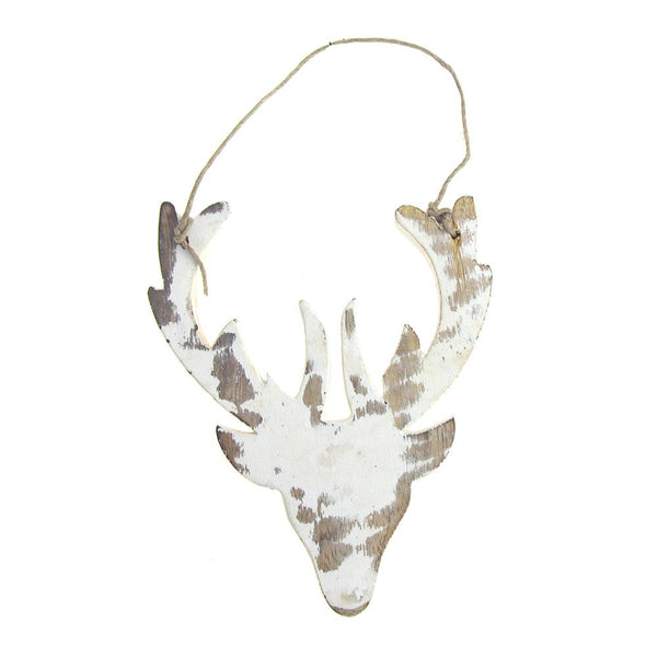Hanging Distressed Reindeer Head Wooden Christmas Ornament, White, 5-1/2-Inch
