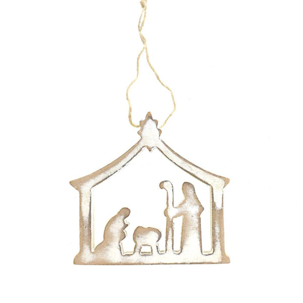 Wooden Nativity Scene Christmas Ornament, 3-Inch, White Wash