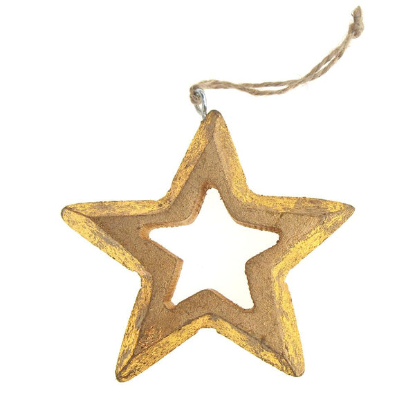 Hanging Wooden Distressed Star Cut-Out Christmas Ornament, Gold, 4-Inch