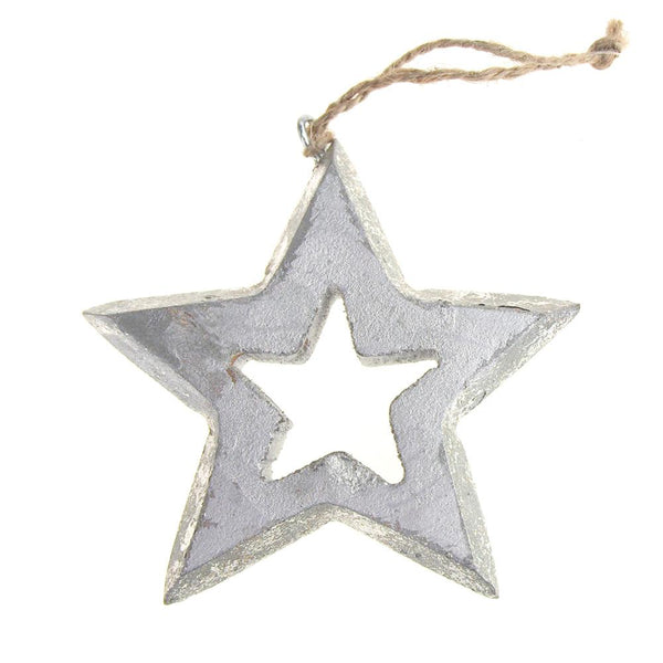 Hanging Wooden Distressed Star Cut-Out Christmas Ornament, Silver, 4-Inch