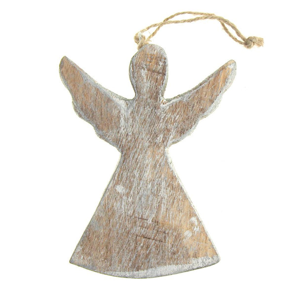 Hanging Wooden Distressed Angel with Wings Christmas Ornament, Silver, 4-3/4-Inch